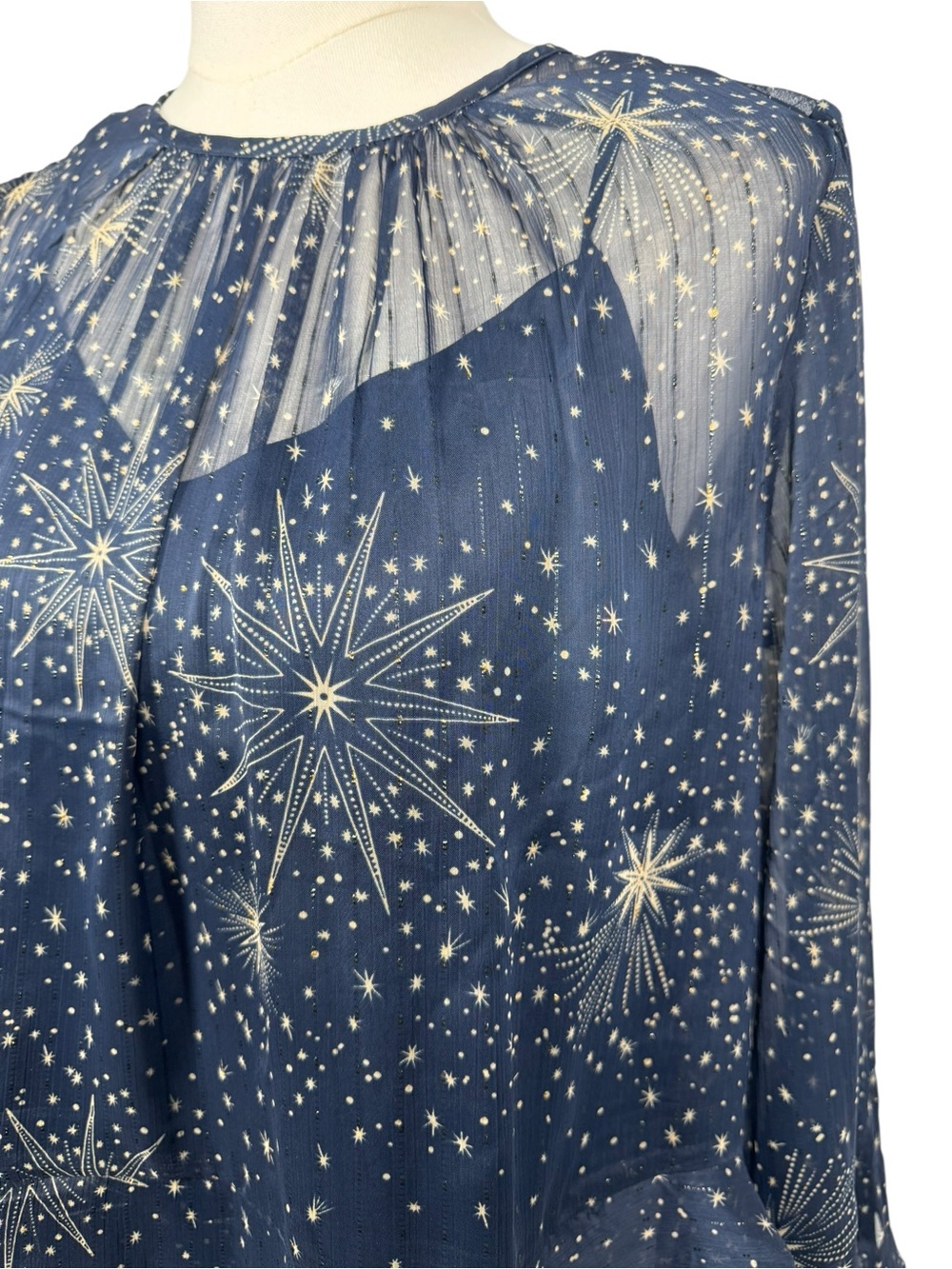 LOFT NWT Celestial Shimmer Peplum Ruffle Sleeve Top Navy & Gold Size S - Picture 4 of 10